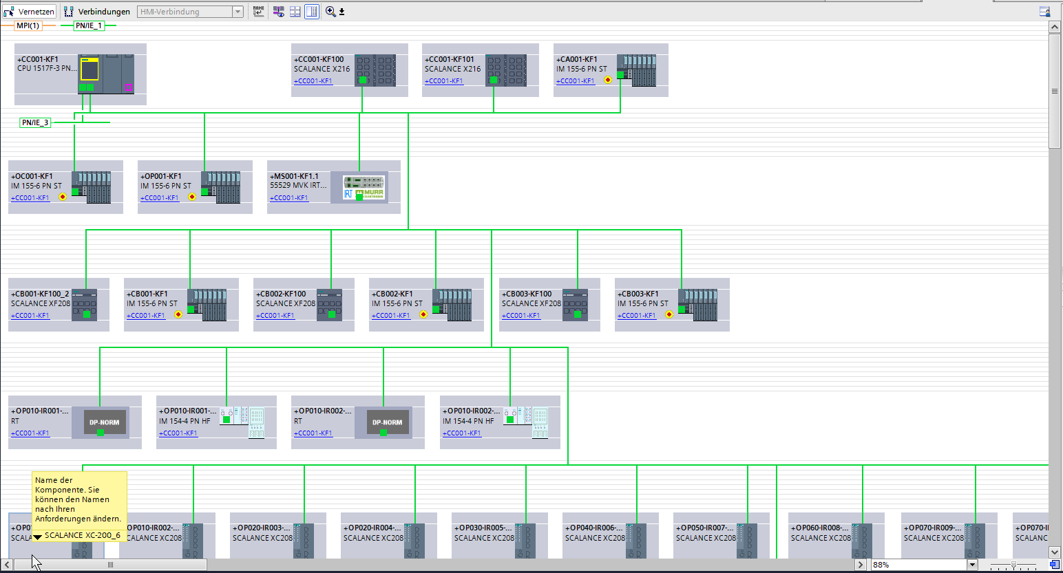 Geräte- und Netzwerksicht im TIA-Portal mit SCALANCE-Switches und IM-155-Modulen